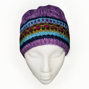 VTG 90s Down To Earth OS Nepal Purple Cable Knit 100 Wool Hat Fleece Band Beanie
